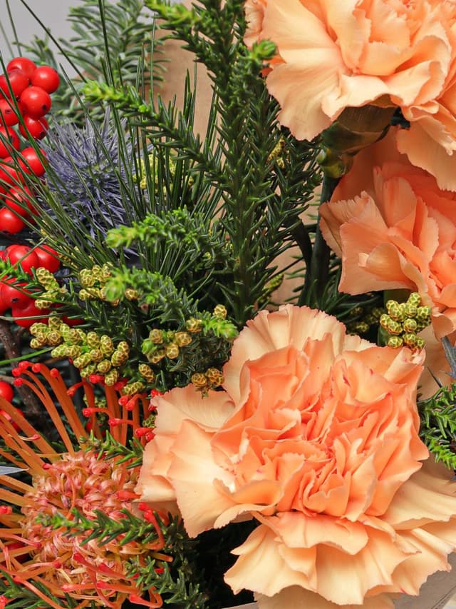 Новогодний букет из Нобилиса, Эрингиума и Диантусов «Зимние Сумерки»