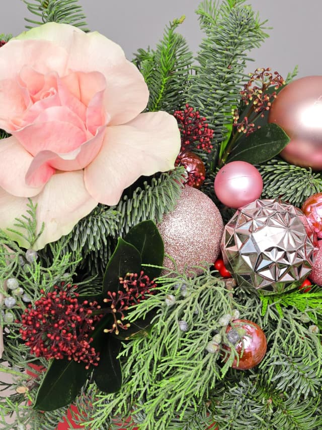 Новогодняя композиция из Нобилиса, Туи и Роз Эквадор в коробке «Зимний Румянец»