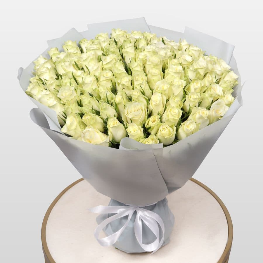 Букет из белых Роз Кения 101 шт 40 см «Ванильный Иней»
