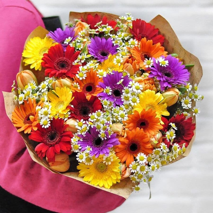 Букет из Гермини, Ромашек и Тюльпанов «Солнечный»
