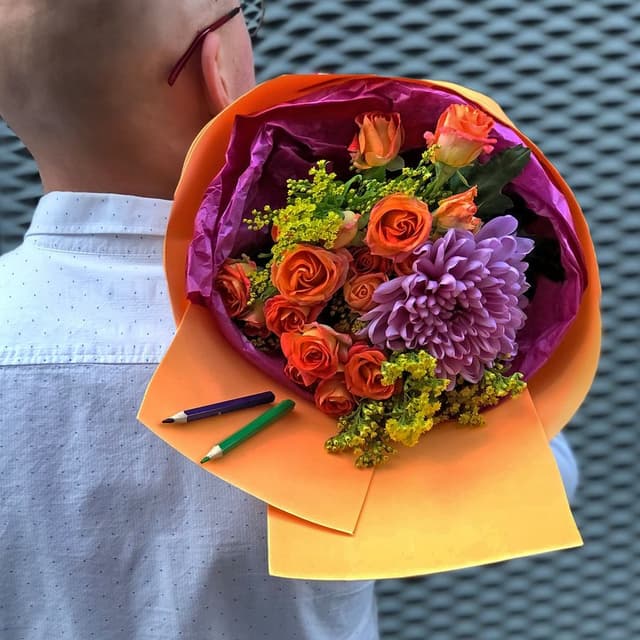 Букет из Хризантемы, Солидаго и Кустовой Розы «Грамматика»