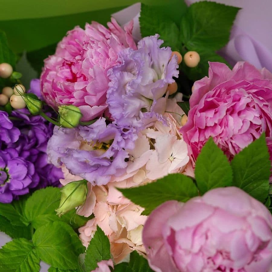 Букет из Гортензии, Пионов, Эустомы и Маттиолы «Лесные ягоды»