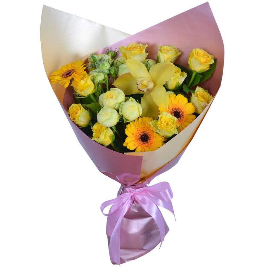 Букет из гермини, кустовых роз и орхидеи "Флюид"