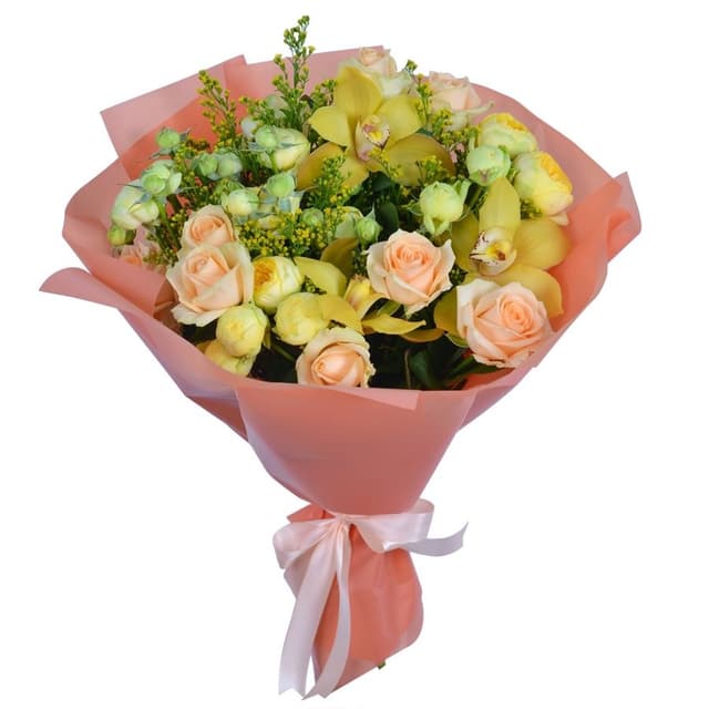 Букет из Орхидей и кустовых Роз «Отголоски тепла и солнца»