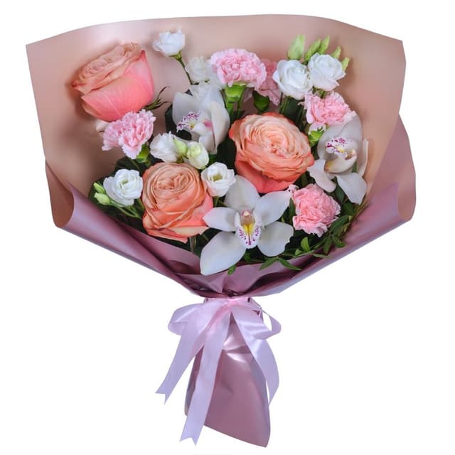 Букет из розы Кахала, Гвоздики и Лизиантуса «Спасибо!»