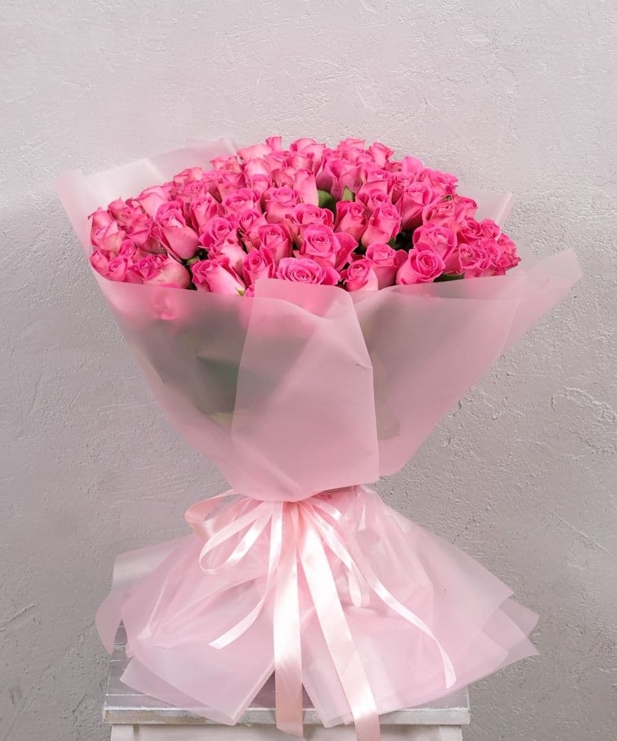 Букет из розовых Роз 51 шт и конфетами Raffaello