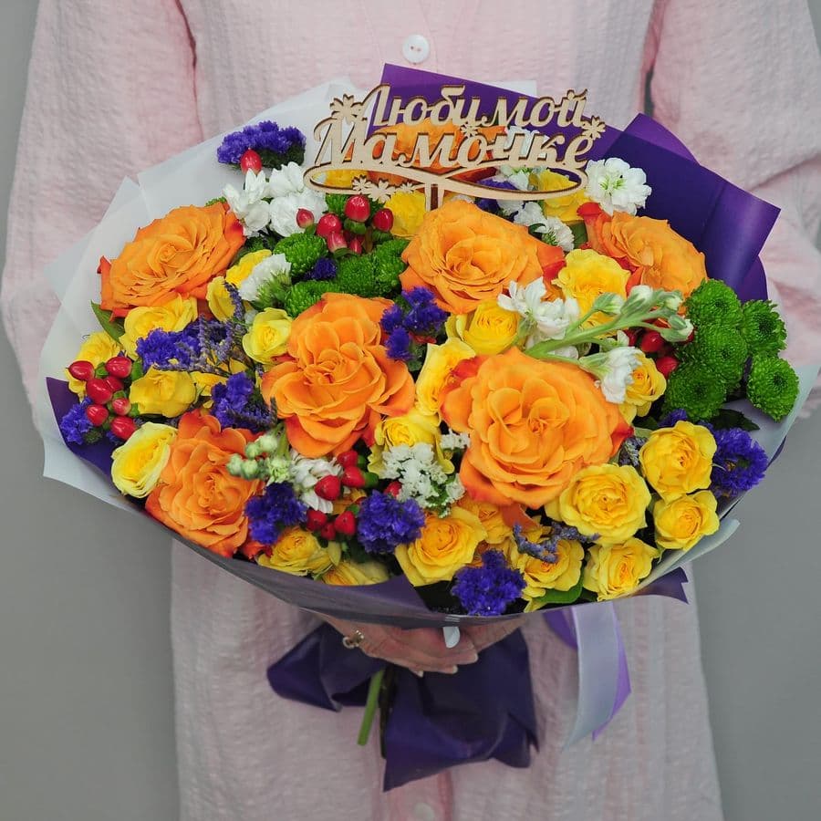 Букет из Роз, Хризантемы Сантини и Маттиолы «Яркий день»