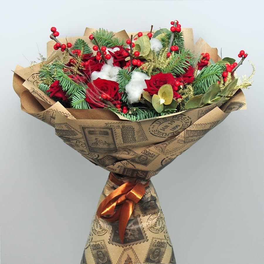 Букет Новогодний из Розы, Хлопка "Красный закат"
