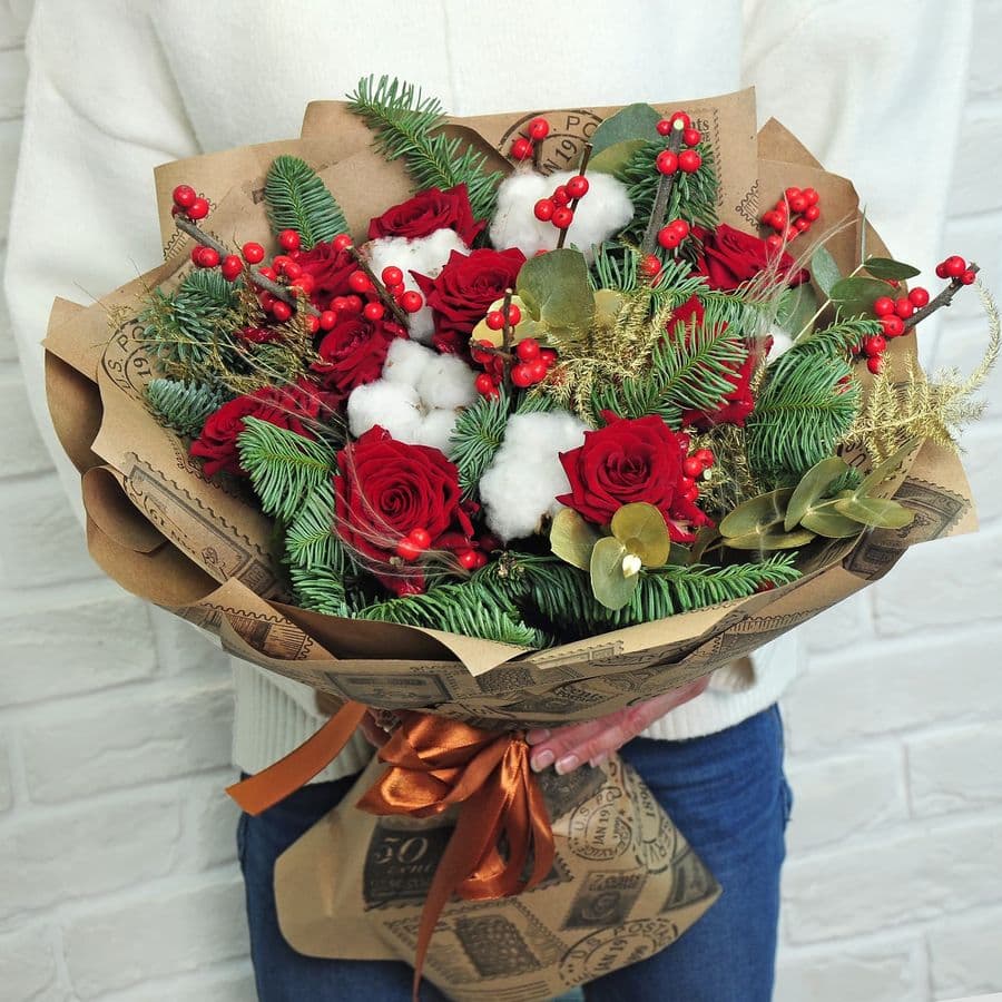Букет Новогодний из Розы, Хлопка "Красный закат"