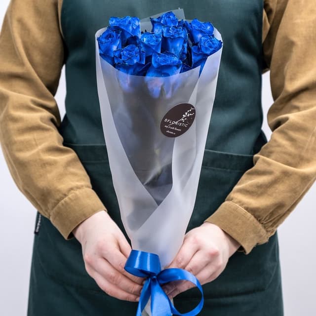 Букет из синих роз 60 см 9 шт «Роса после дождя»