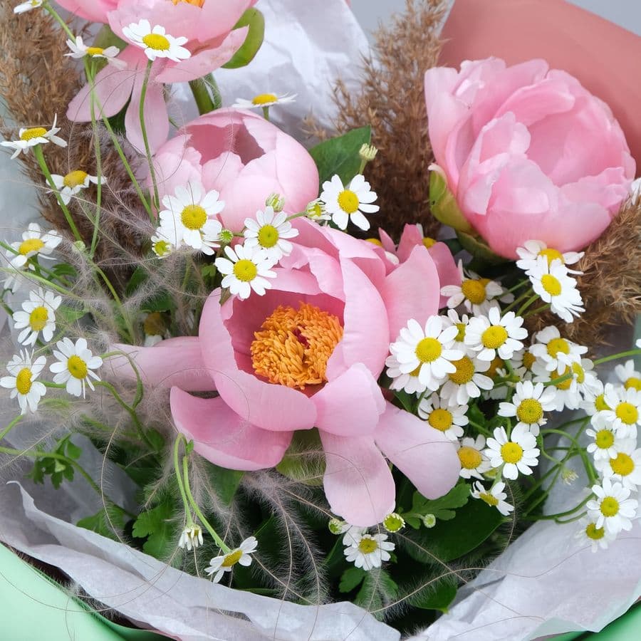 Букет из Пиона и Ромашки «Веселая лужайка»