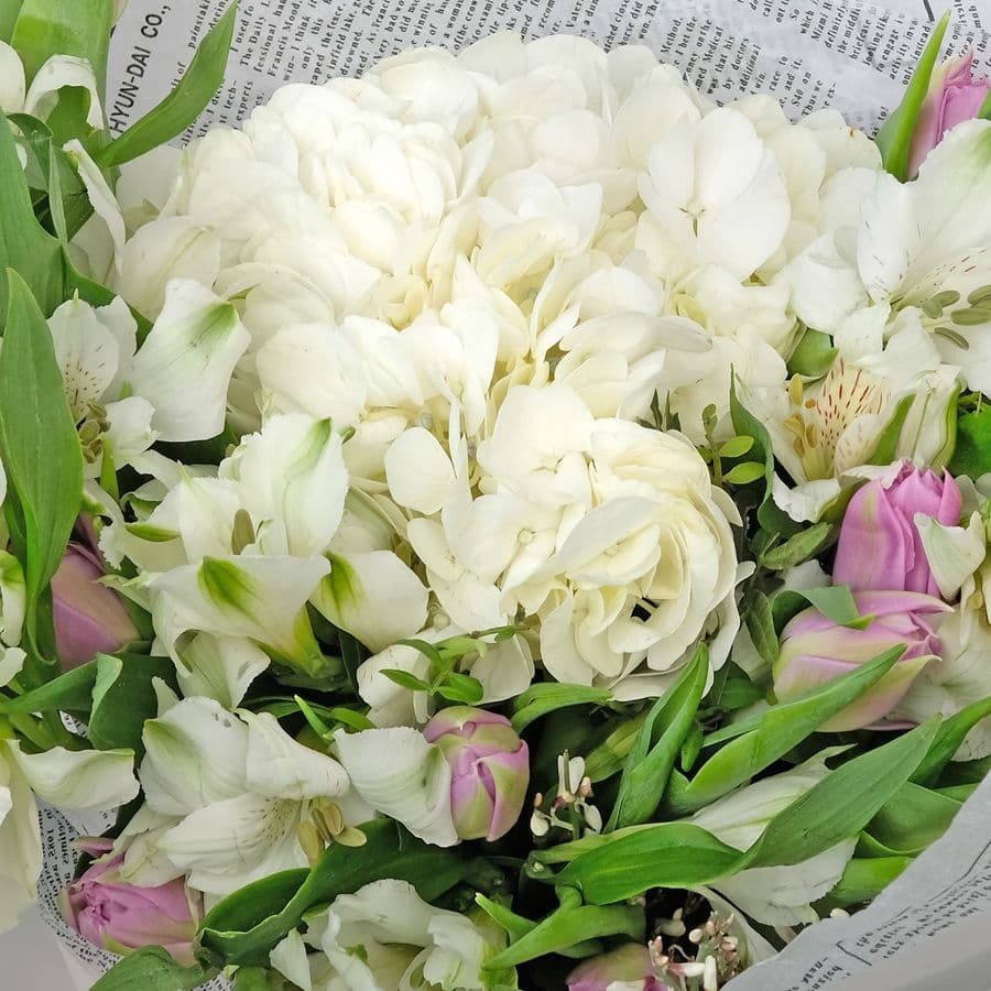 Букет из Гортензий, Тюльпанов и Альстромерий «Радость Моя»