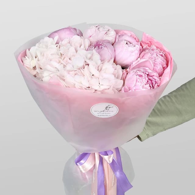 Букет из Пионов и Гортензии «Лепестки заката»