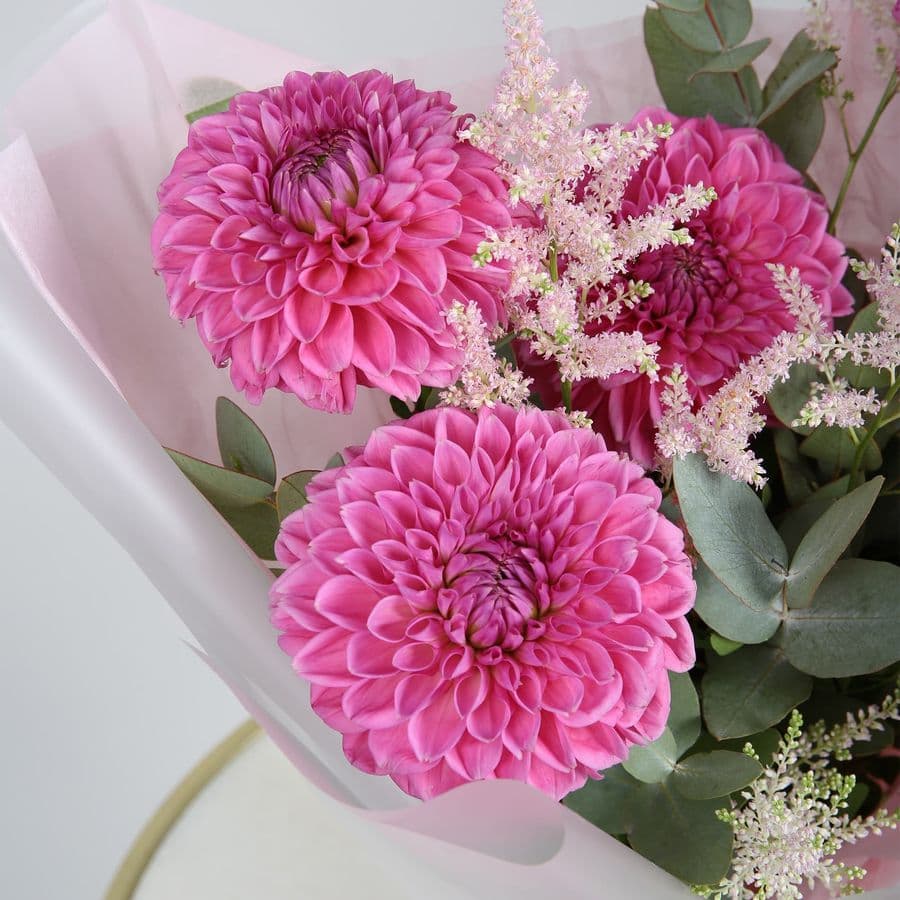 Букет из Георгин и Астильбы «Летний Ветер» с эвкалиптом