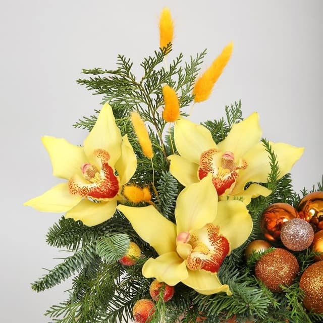 Новогодняя композиция из Нобилиса в шляпной коробке «Зимний закат»