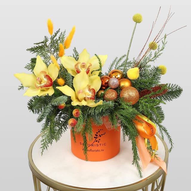 Новогодняя композиция из Нобилиса в шляпной коробке «Зимний закат»