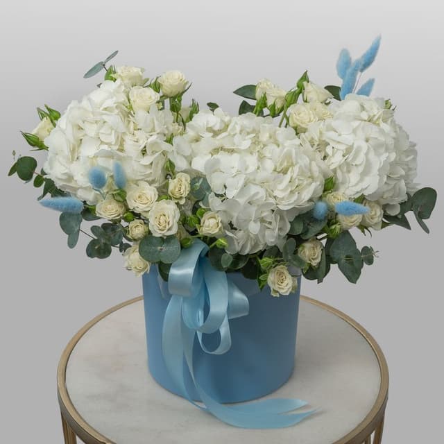 Композиция из кустовых Роз и Гортензий в шляпной коробке «Дыхание прибоя»