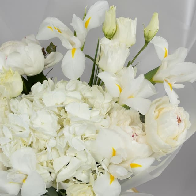 Букет из Пионов, Эустом и Ирисов «Лёгкость облаков»