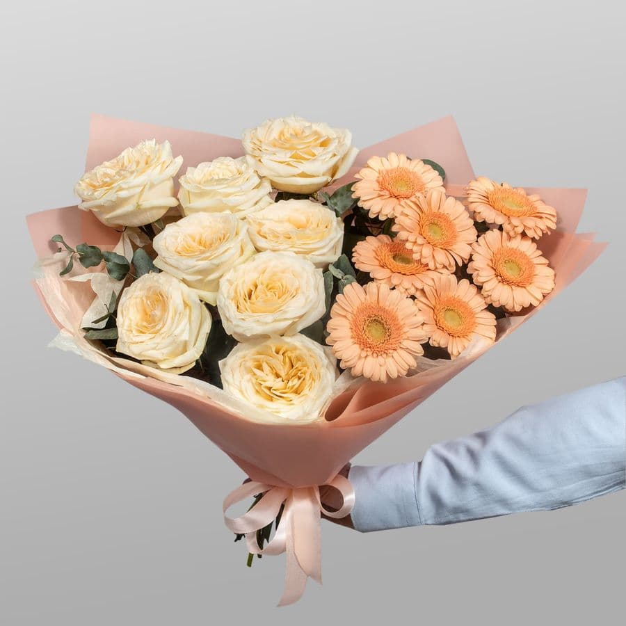 Букет из пионовидной Розы и Гермини «Карамельный сон»