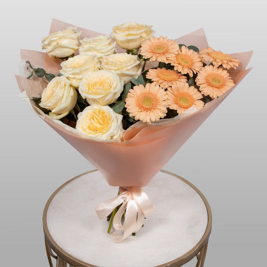 Букет из пионовидной Розы и Гермини «Карамельный сон»