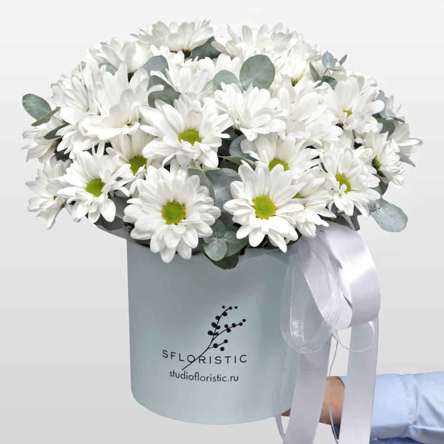 Композиция из Кустовых Хризантем в шляпной коробке «Белоснежное чудо»