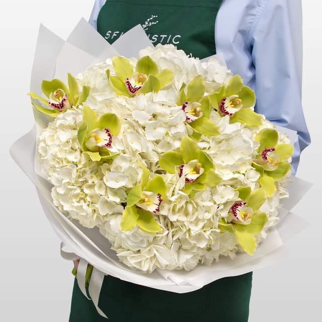 Букет из Гортензий и Орхидей «Солнечный блюз»