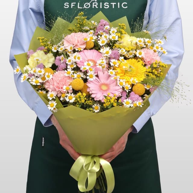 Букет из Ромашек, Гвоздик и Гермини «Песня луга»