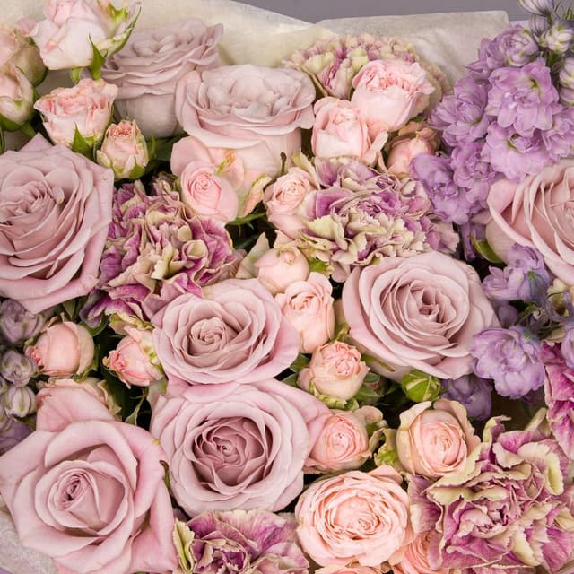 Букет из Гвоздик, Роз и Дельфиниума «Ветер перемен»