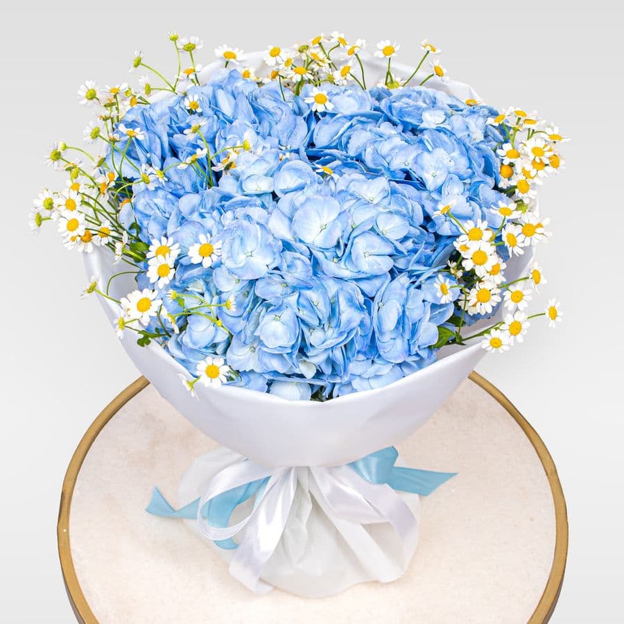 Букет из Гортензий и Ромашек «Небесный луг»