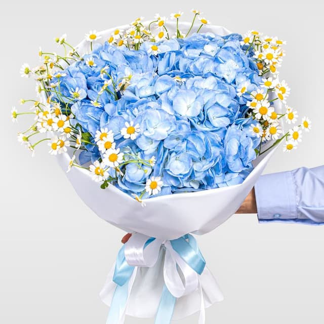 Букет из Гортензий и Ромашек «Небесный луг»