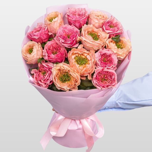 Букет из Пионовидных Роз Риджентс Парк и Питер Парк 15 шт «Зачарованный Сад»