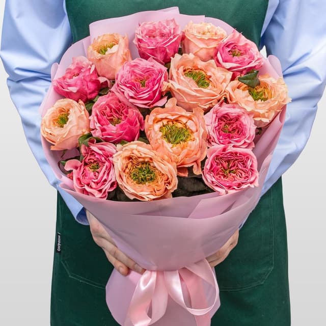 Букет из Пионовидных Роз Риджентс Парк и Питер Парк 15 шт «Зачарованный Сад»