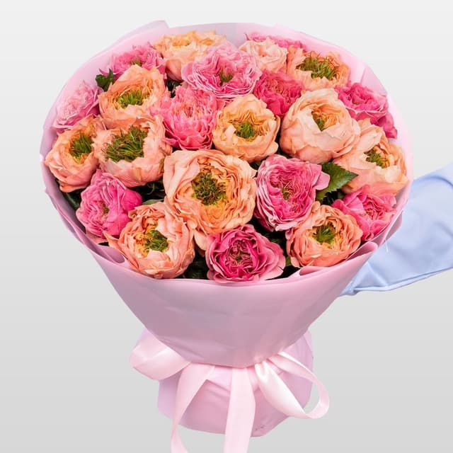 Букет из Пионовидных Роз Риджентс Парк и Питер Парк 23 шт «Фруктовый Сорбет»