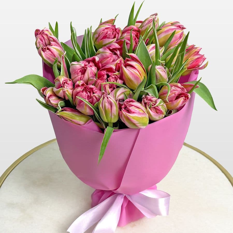 Букет розовых Пионовидных Тюльпанов 25 шт «Шарм Бутона»