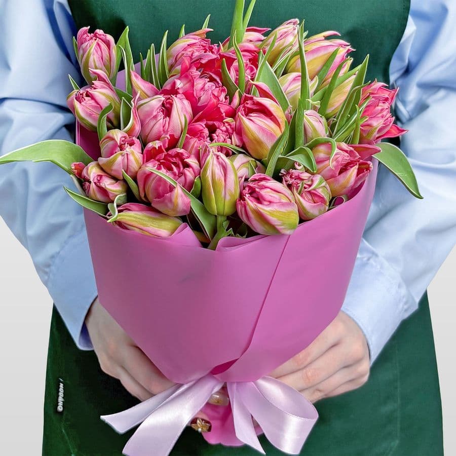 Букет розовых Пионовидных Тюльпанов 25 шт «Шарм Бутона»