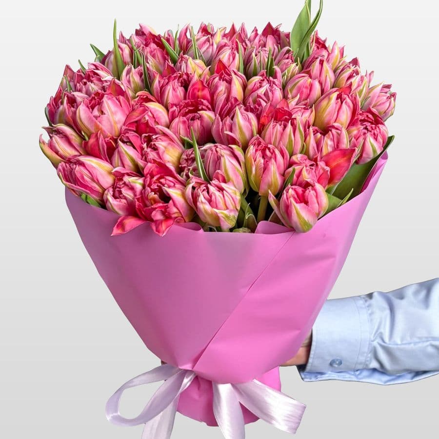 Букет розовых Пионовидных Тюльпанов 51 шт «Заря Весны»