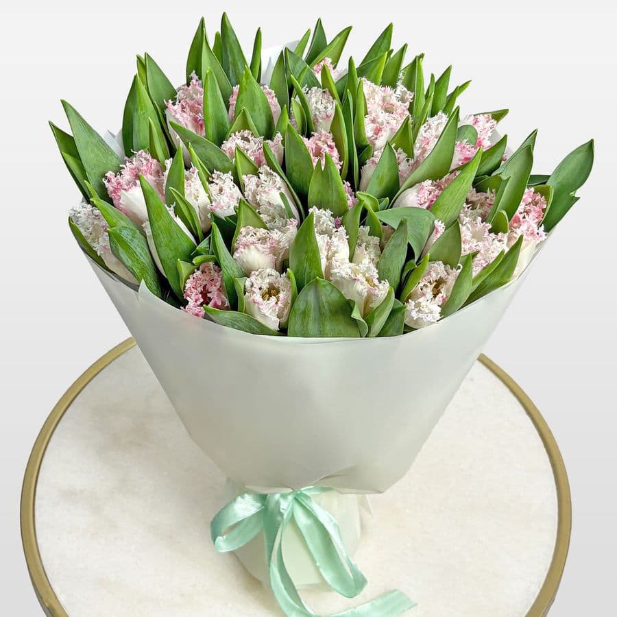 Букет махровых бело-розовых Тюльпанов 51 шт «Хрустальный Край»