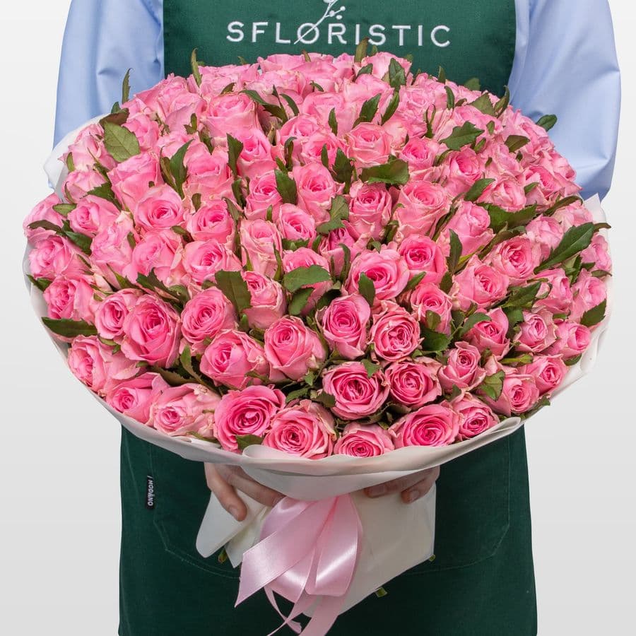 Букет розовых Роз Кения 40 см 101 шт «Волна Любви»