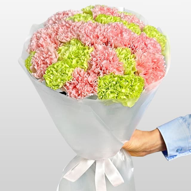 Букет из розовых и зеленых Гвоздик 25 шт «Апрельский Дождь»