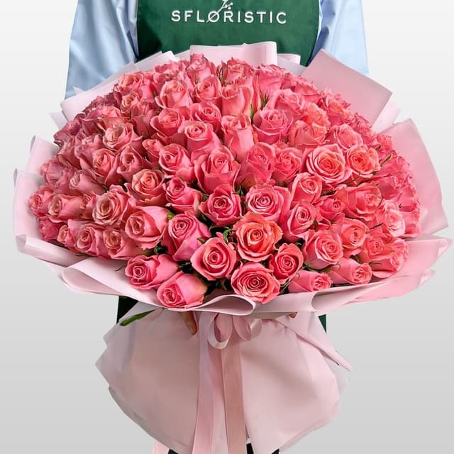 Букет из розовых Роз Кения 60 см 101 шт «Слияние Сердец»