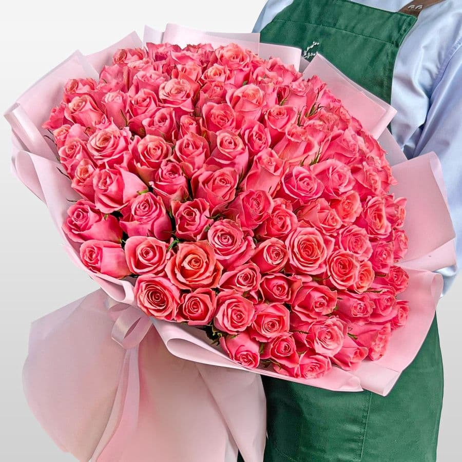 Букет из розовых Роз Кения 60 см 101 шт «Слияние Сердец»