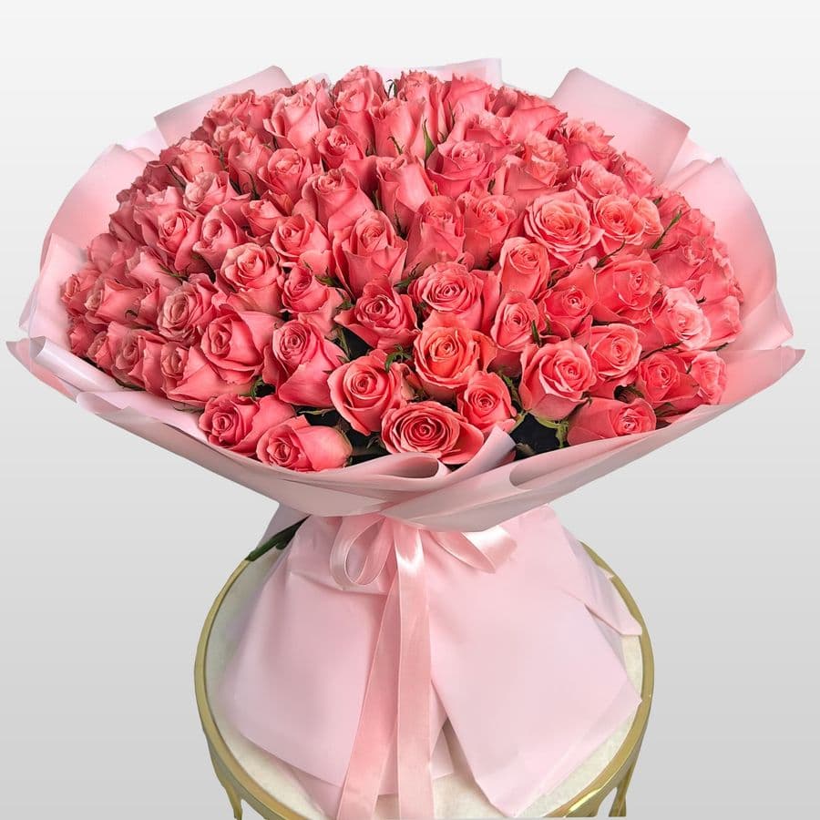 Букет из розовых Роз Кения 60 см 101 шт «Слияние Сердец»