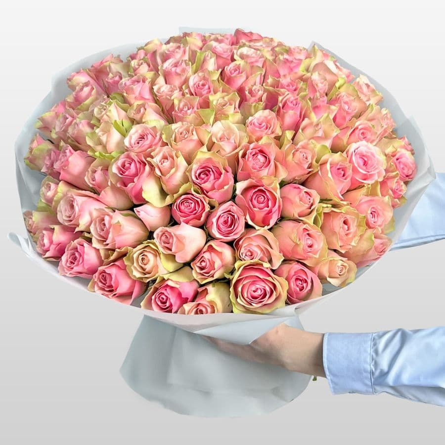 Букет из розовых Роз Кения 60 см 101 шт «Шелковые Объятия»