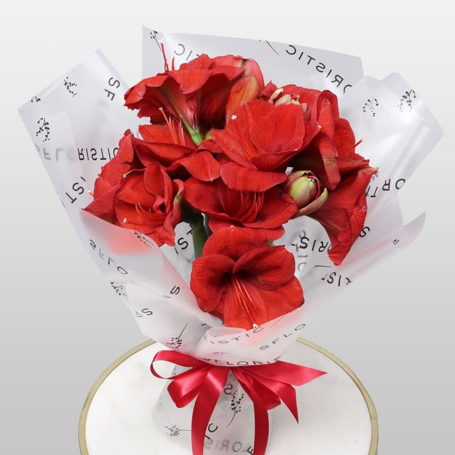 Букет из Амариллиса 5 шт «Огонек на Снегу»