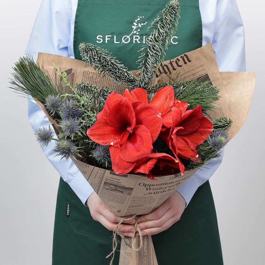 Новогодний букет из Амариллиса и Эрингиума «Рождественский Свет»