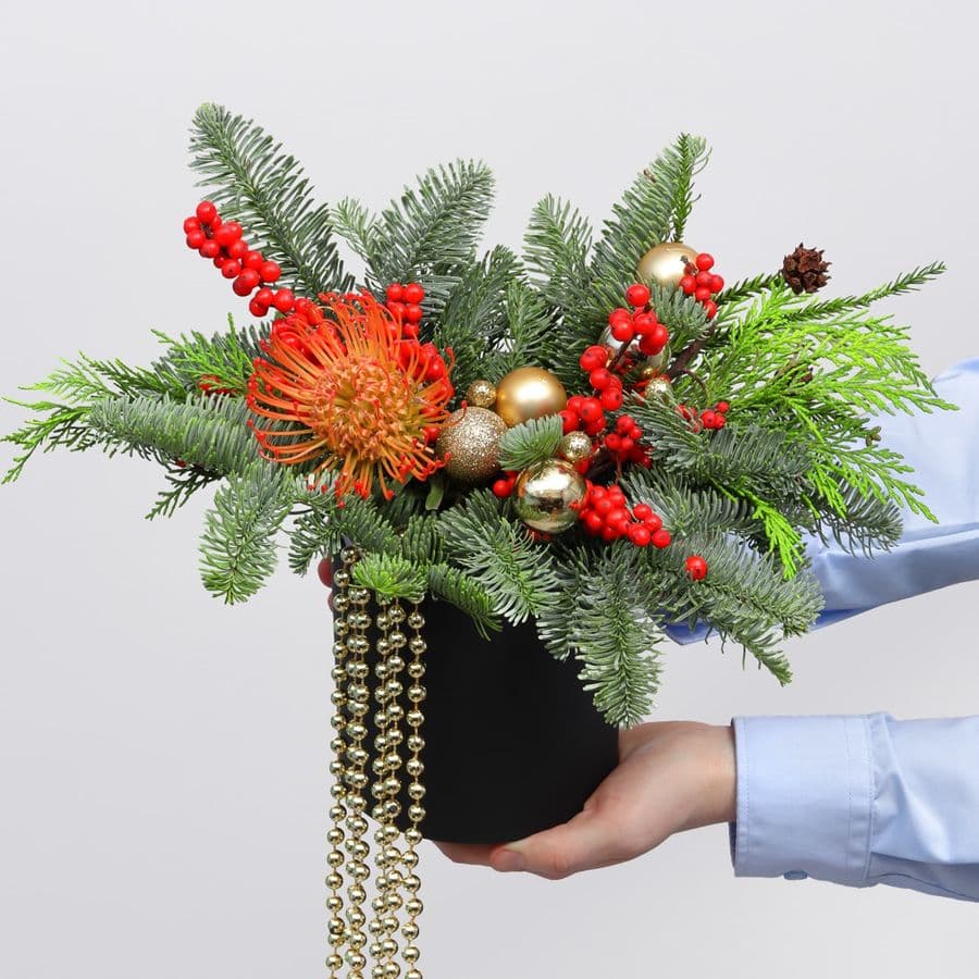 Композиция из Нобилиса, Туи и Леукаспермума в коробке «Путеводная Звезда»