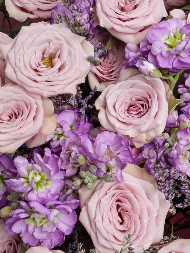 Букет из Кустовых Роз, Маттиол и Лимониума «Магия аметиста» Букет из Кустовых Роз, Маттиол и Лимониума «Магия аметиста»