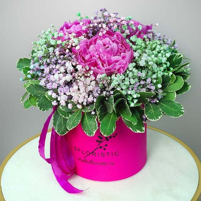 Композиция из Гипсофилы и Пионов в шляпной коробке «Малиновый каприз» Композиция из Гипсофилы и Пионов в шляпной коробке «Малиновый каприз»
