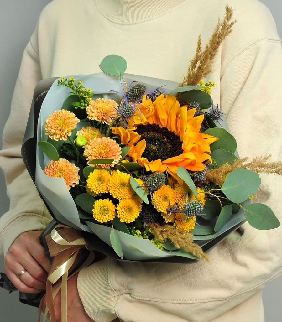 Букет из Подсолнуха и Хризантемы «Закат»