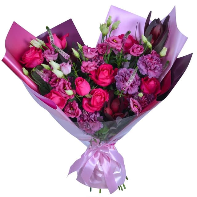 Букет из Лизиантуса, Гвоздики, Роз и Вероники «Розовые Грёзы» Букет из Лизиантуса, Гвоздики, Роз и Вероники «Розовые Грёзы»